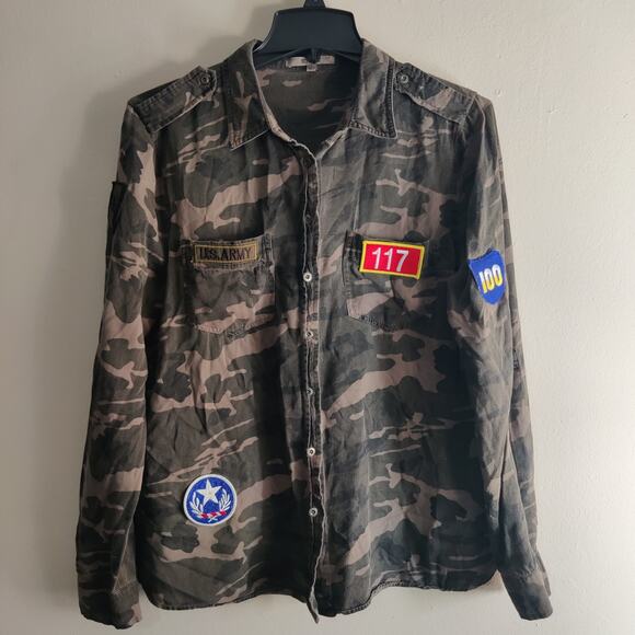 Miss Me Camo Shirt Women's Small Army Style Patches Long Sleeve Button Up - Picture 1 of 9